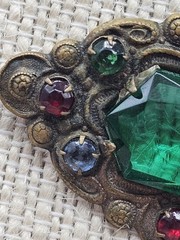 Antique Bohemian Edwardian Art Nouveau Brooch Green Glass Bronze Prong Set Pin
