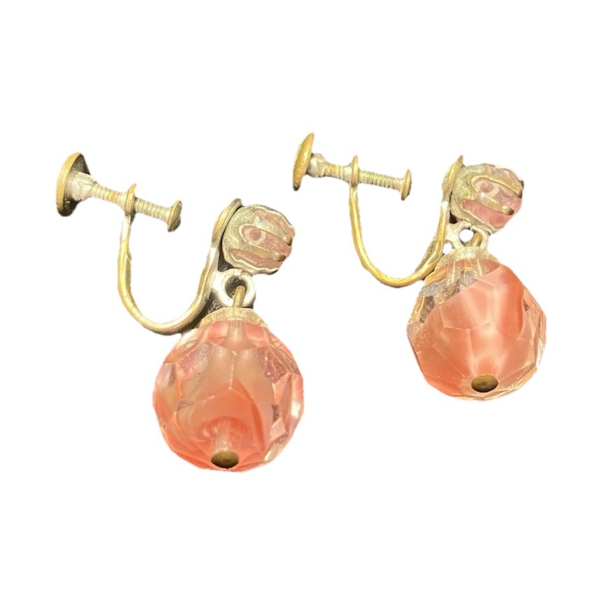 Vintage Pink Crystal Glass Bead Gold Tone Metal Dangle Screw Back Earrings