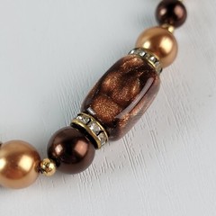 Vtg. Golden Brown Millefiori Glass Faux-Pearls Rhinestones Beaded Necklace 15″