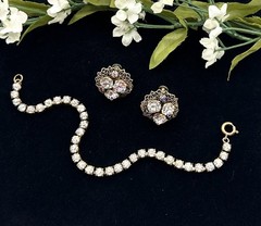 Vtg CZECH Screw-back Cluster EARRINGS and BRACELET SET-Gold Tone-RHINESTONE