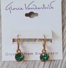 Vtg Gloria Vanderbilt Green Swarovski Crystal Goldtone Leverback Earrings