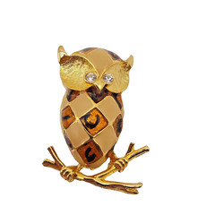 Vintage Owl Brooch Gold Tone Brown Tan Harlequin Enamel Rhinestone Eyes Retro