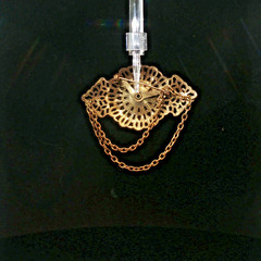 Vintage Gold Tone Filigree Brooch w/ Dark Green Stone Pearls & Swag Chains Chate
