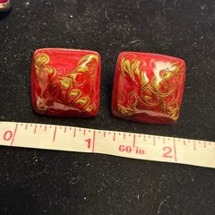 Vintage Red Gold Filigree Marbled Resin Square Stud Statement Earrings 1 Inch