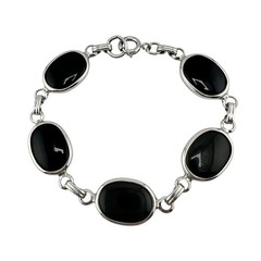 Vintage Black Glass Cabochon Bezel Set Silver Tone Tennis 6.5” Bracelet