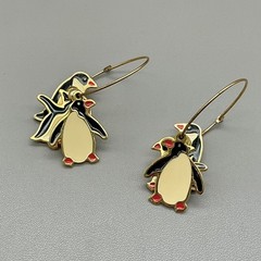 Berebi Earrings Women Gold Enamel Penguin Animal Charm Dangle Hoop 1.75 Inch