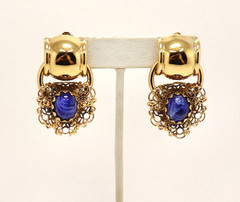 VINTAGE SIGNED JASPER BLUE CABOCHON PORPHYRY FILIGREE CLIP ON DANGLING EARRINGS