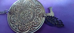 Hummingbird Necklace Purple Silvertone Repousse Pendant Ornate Design Filigree