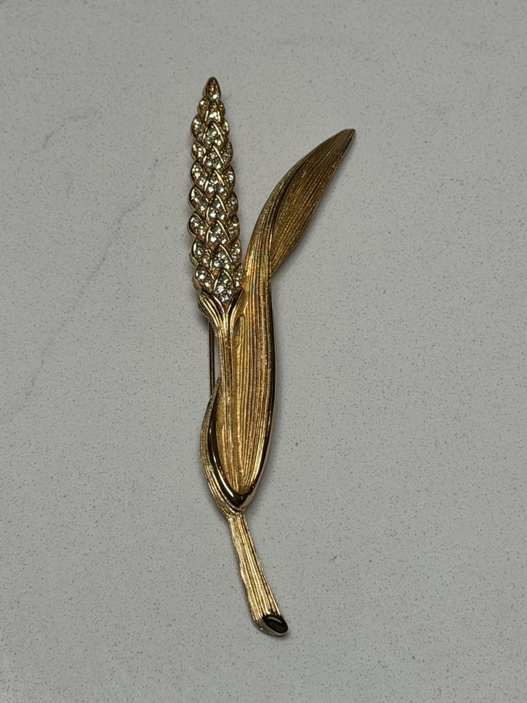 Vintage Christian Dior Large Gold Tone Rhinestone Wheat Sheaf Brooch Signed