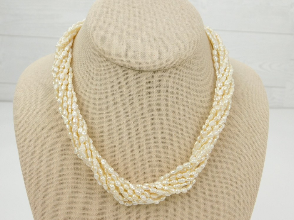 VTG 14k Gold JCM 14k Gold Multi 10 Strand Rice Pearl Necklace 17″ Long 61.6g