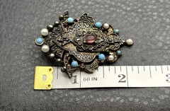 Vintage Etruscan Style Victorian Revival Brooch Faux Turquoise Rhinestone Ornate