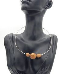Vintage MCM Silver Toned Engraved Wood Beaded Choker Necklace