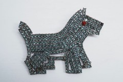 Vintage brooch Gablonz dog terrier rhinestone light blue 6 cm.