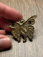 Newark Museum Reproduction Woman Butterfly Brooch Pin Gold Tone Garnet Whiteside