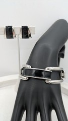Vintage MONET Bracelet Earrings Set Black Enamel Silver Tone Modernist Demi Paru