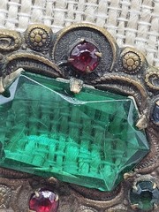 Antique Bohemian Edwardian Art Nouveau Brooch Green Glass Bronze Prong Set Pin