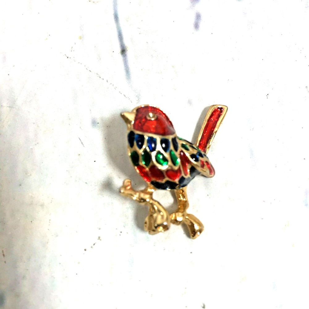 Bird Brooch Pin Gold Tone Enameled Red Blue Green Fashion Estate Jewelry – 1.25″