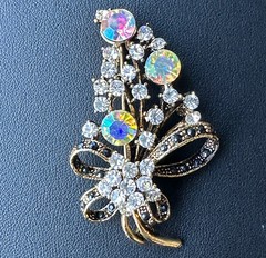 Artisan MCM Brooch Pin 2.25 Inch Flower Bouquet Ribbon Black AB Rhinestones Gold