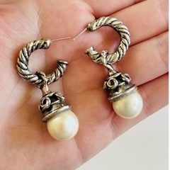 Regal Cuff Earrings VTG Dangle Silver Plated Pearl Cabochon Hoop pierced 90s