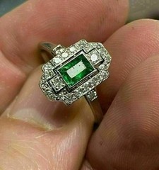 Art Deco Style Green Emerald & Lab Created Diamond 925 Silver Engagement Ring