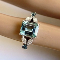 Art Deco Style Aquamarine & Lab Created Diamond Birthday 14K White Gold FN Ring
