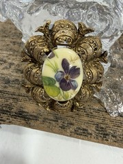 Vintage Victorian Revival Floral Porcelain Purple Violets Cameo Style Brooch