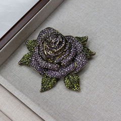 Heidi Daus Rhinestone Rose Brooch Purple Green Crystal Antique Bronze Floral Pin