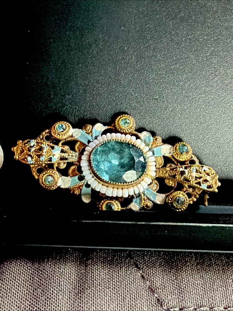 Antique Signed Czechoslov White Beads Enamel Brooch Blue Glass Stone Pin