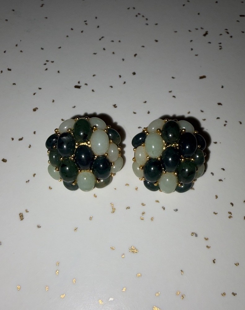 Vintage Joan Rivers Green Jade Beaded Cluster Stud Earrings, Gold Tone