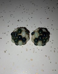 Vintage Joan Rivers Green Jade Beaded Cluster Stud Earrings, Gold Tone