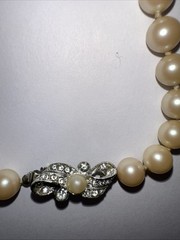 Faux Pearl Necklace Hand Knotted Cream Pearls 32″ Silver Tone & Diamanté Clasp