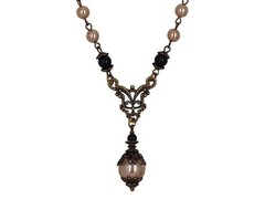Art Nouveau Necklace Champagne Gold Crystal Pearl Black Bead Victorian Jewelry