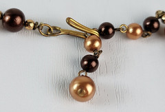 Vtg. Golden Brown Millefiori Glass Faux-Pearls Rhinestones Beaded Necklace 15″