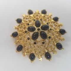 Dome Brooch Gold Tone Filigree Open Work Black Enamel Flower