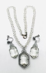 Art Deco Faceted Glass Rhodium Filigree Necklace & Earrings Vintage Jewelry