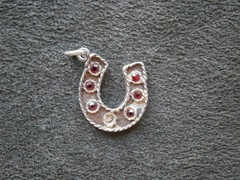 Lucky Horseshoe Red Stones Vintage Sterling Silver Bracelet Charm Pendant ~ FLAW