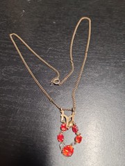 Vintage At Deco Faux Ruby Rhinestone Bronze Tone Chain Necklace