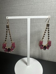 Nice Vintage Gold Tone Pink Purple Deep Red Rhinestone Dangle Hook Earrings