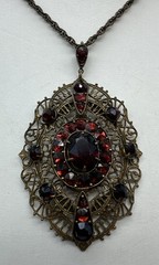 Vintage Antique Bohemian Czech Glass Or Garnet Pendant Necklace 17” Lovely!