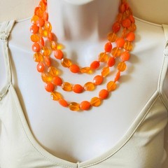 VTG Orange Lucite Beads Multi BIb Necklace Hong Kong Triple Strand Statement 50s