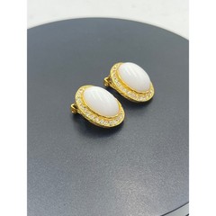 White Milk Glass Vintage Oval Cabochon Clip Earrings Rhinestone Halo GoldTone