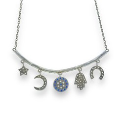 China Sterling Silver 925 Lucky Charm Blue White Crystal Bib Necklace 16″-18″