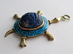 VINTAGE STERLING SILVER EGYPTIAN REVIVAL CARVED LAPIS SCARAB ARTICULATED TURTLE