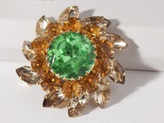 Judy Lee Green Topaz Golden Brown Marquise Rhinestone Flower Gold Tone Brooch