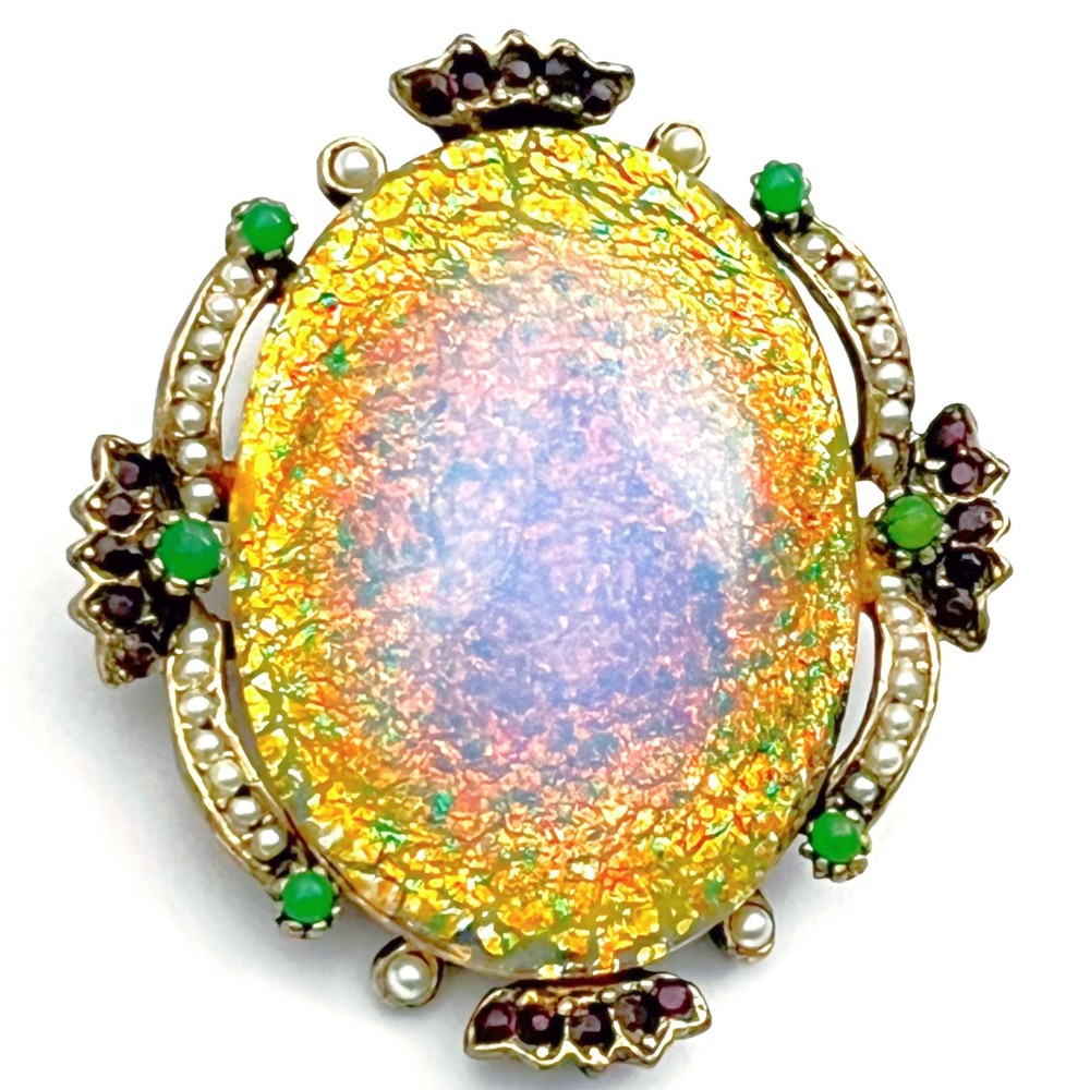 Dragons Breath Brooch Faux Garnets Seed Pearls Jade Vintage 1960s