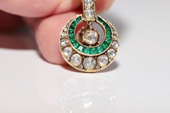 Vintage Circa 1970s 18k Gold Natural Rose Cut Diamond And Emerald Drop Earring