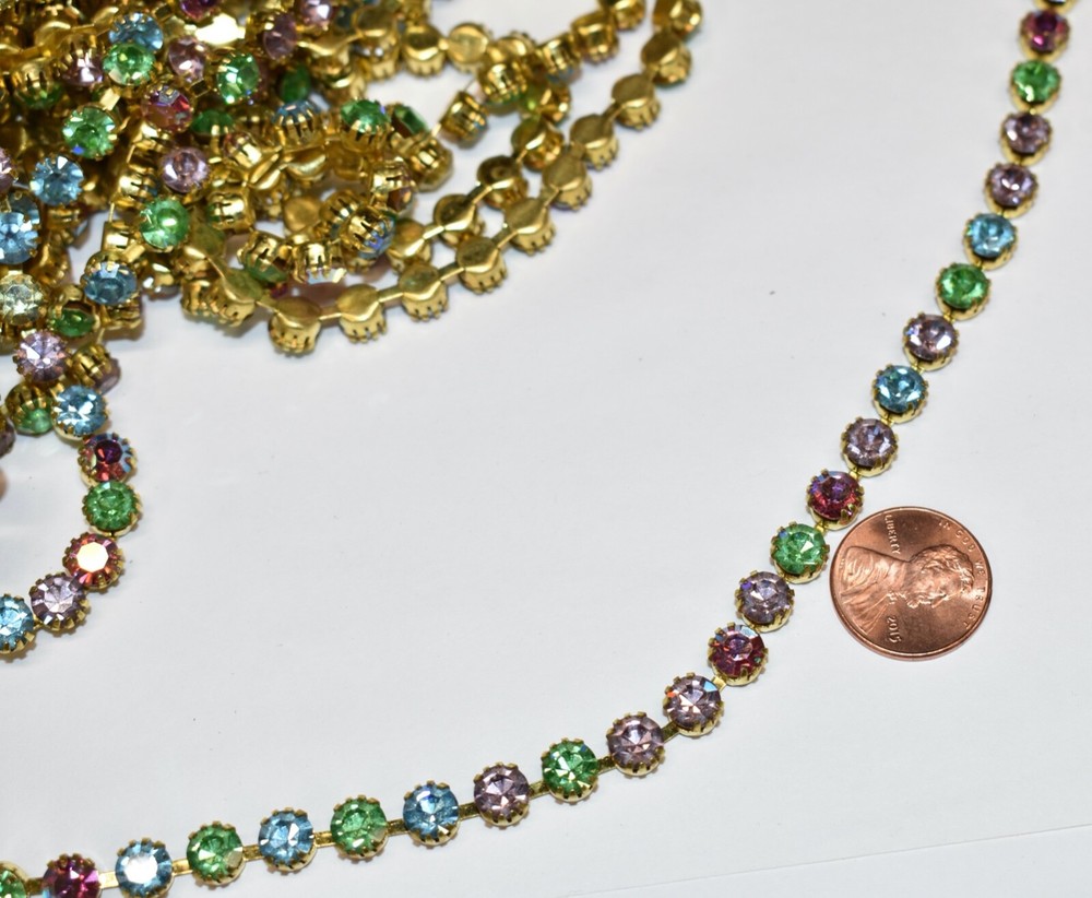 VINTAGE TIFFANY MULTI COLOR 6mm RHINESTONES * CHAIN TRIM * BRASS BY THE FOOT