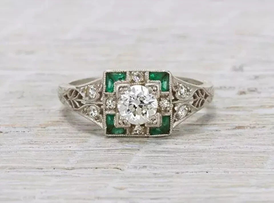 2Ct Art Deco Vintage Style Lab Created Diamond & Emerald 14K White Gold FN Ring