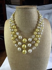 Vintage Signed Japan Triple Strand Yellow & White Beaded Costume Necklace