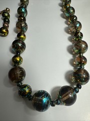 Vintage Iridescent Glass Bead Necklace Brown Green Matching Earrings